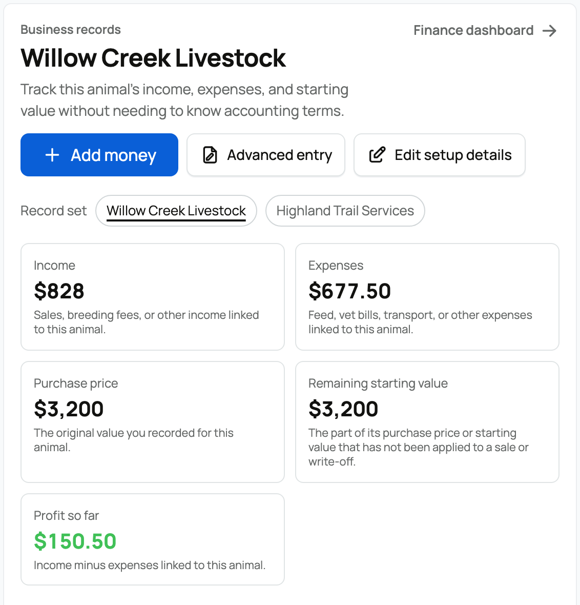 Animal Finance summary with income, expenses, starting value, remaining value, and profit