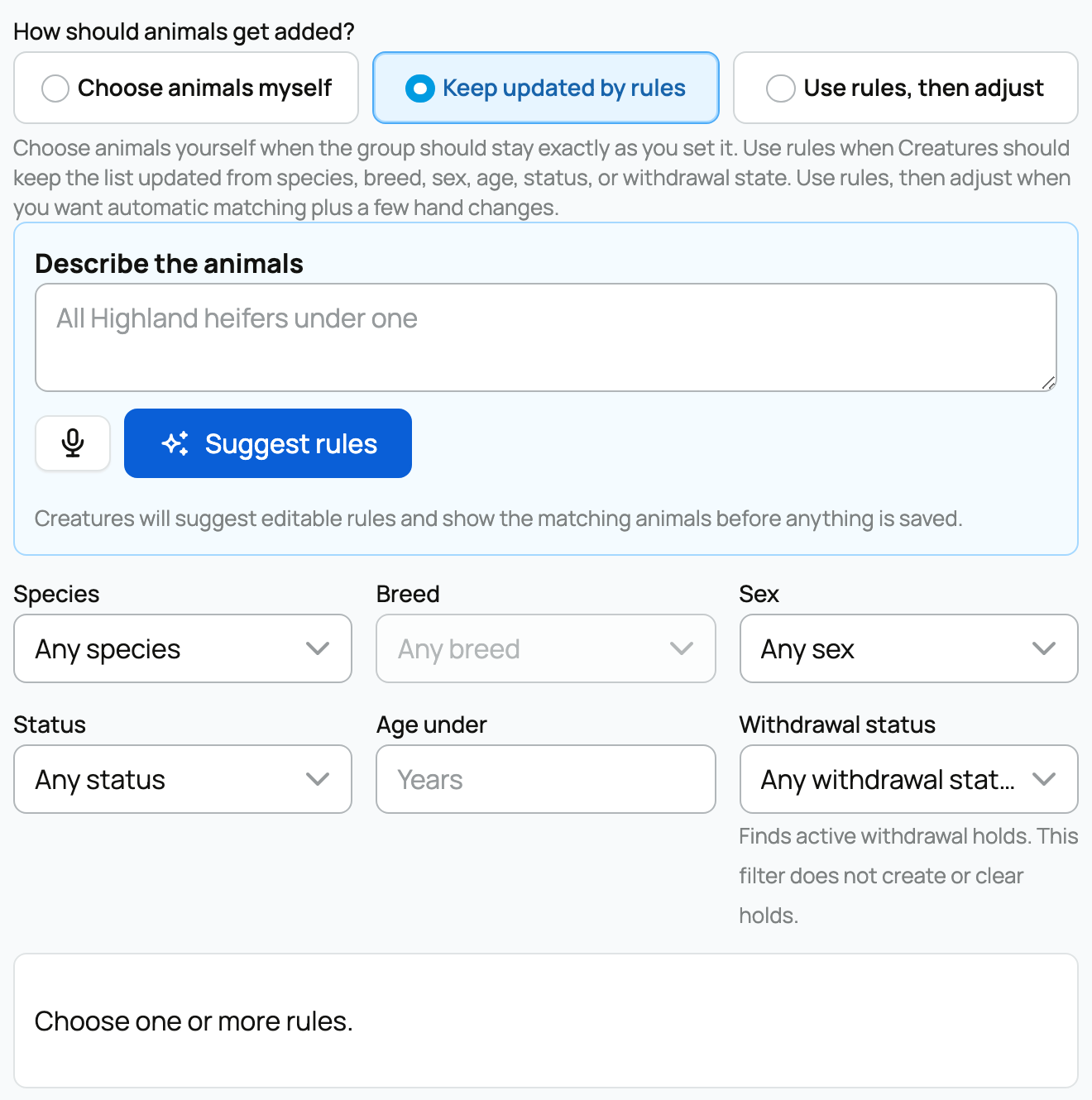 Rule builder with editable filters, Suggest rules, and the preview area