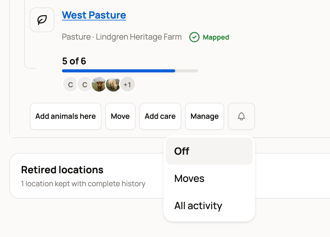 Notification choices Off, Moves and All activity for West Pasture