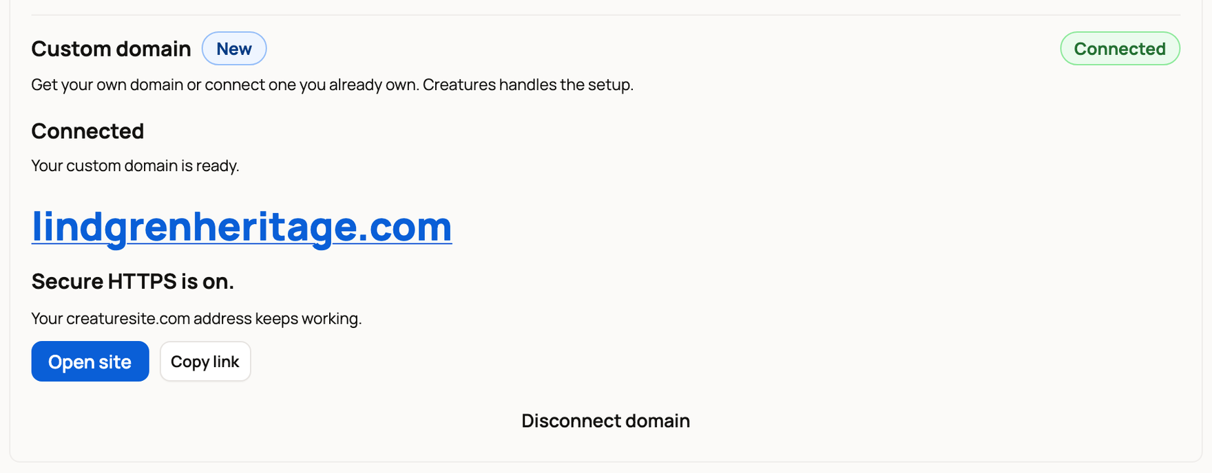 Custom domain connected with secure HTTPS on and Open site and Copy link buttons