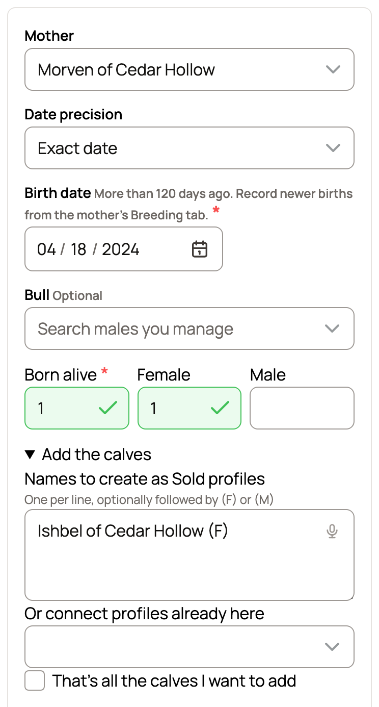 A past calving for Morven of Cedar Hollow on Apr 18, 2024, with 1 born alive, 1 female and Ishbel of Cedar Hollow (F) to create
