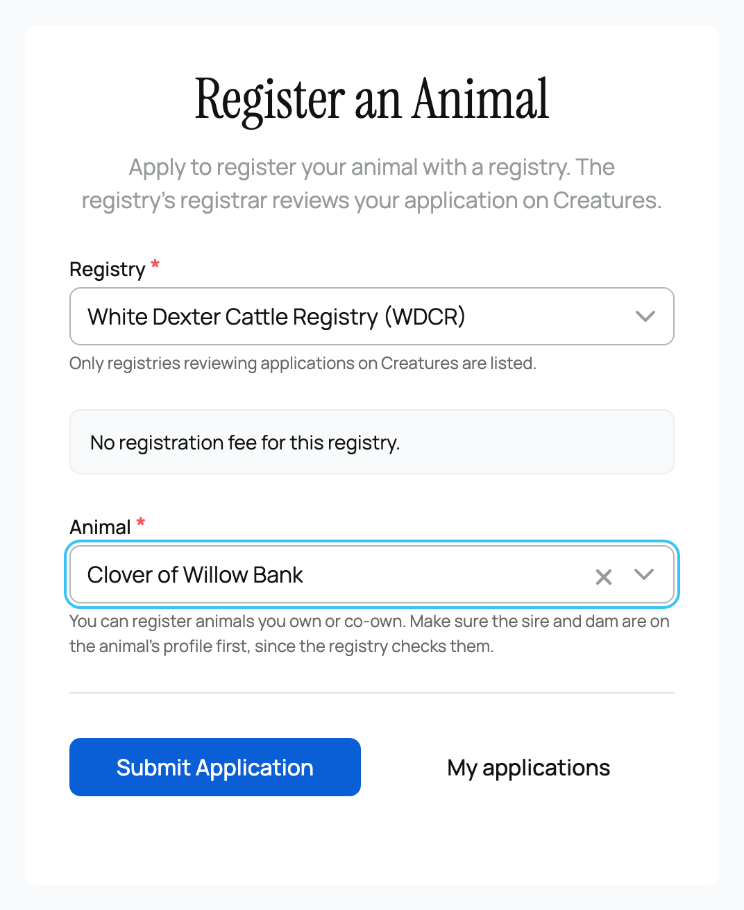 Registry and animal choices on the registration application
