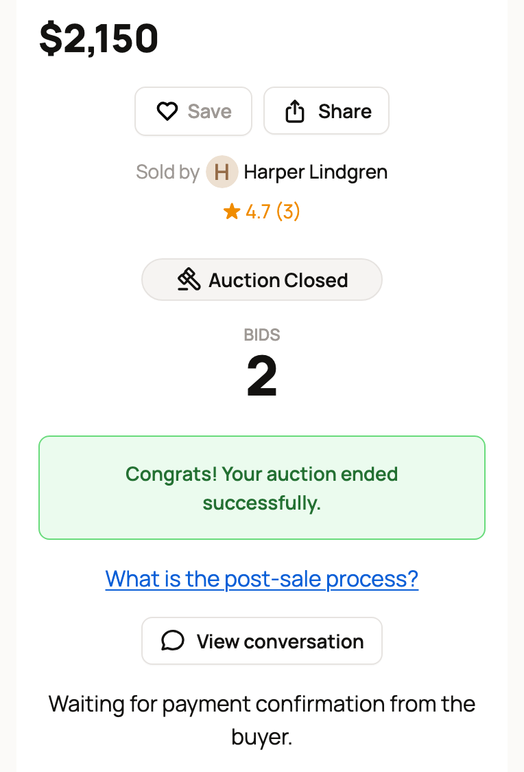 Auction ended with a $2,150 winning bid, waiting for the buyer to pay