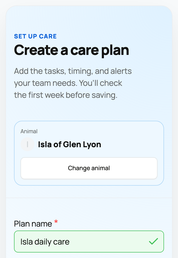 Creating a care plan for the selected animal