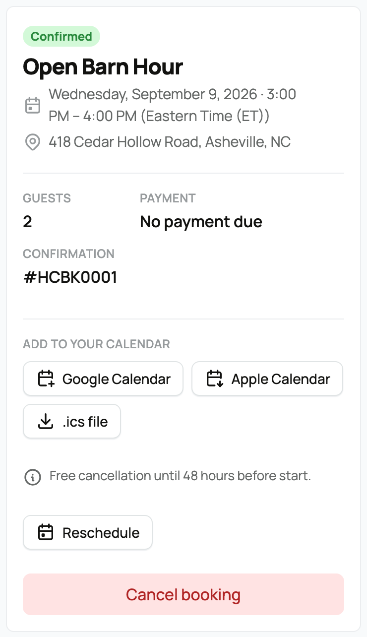 Free Open Barn Hour confirmation with calendar, reschedule, and cancellation controls