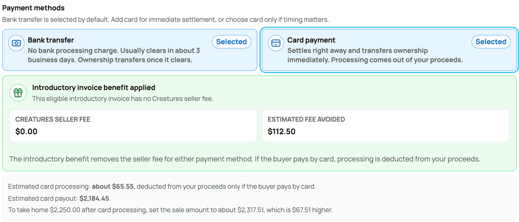 Invoice payment choices showing no bank processing charge, the introductory seller-fee benefit, and separate card processing