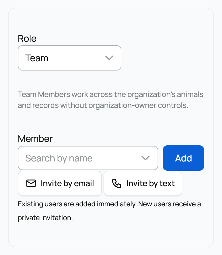 Team role, member search, and invitation choices
