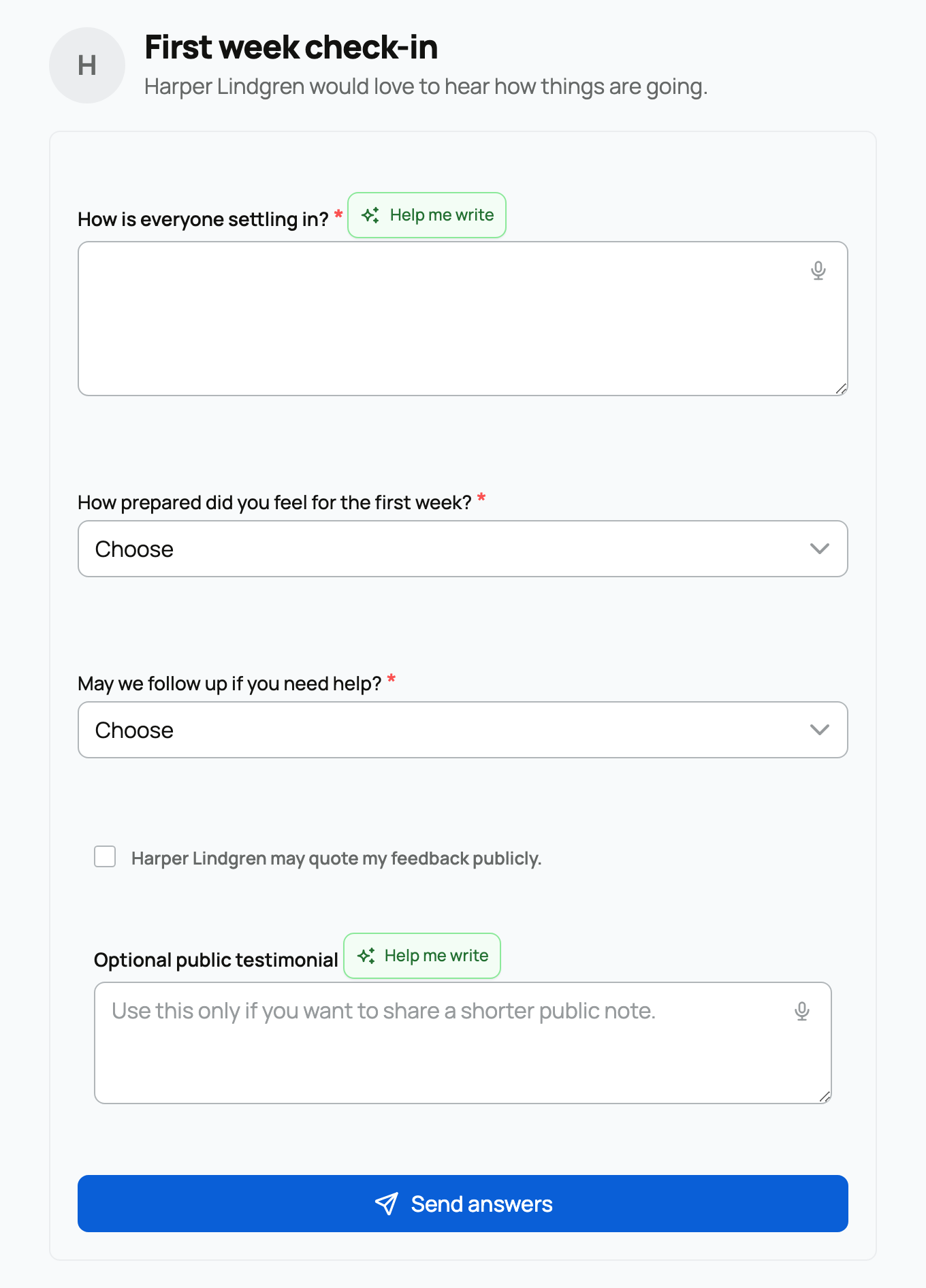 Buyer questionnaire form with answer fields and optional testimonial consent