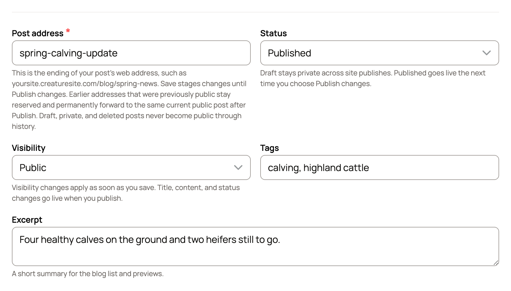 Post settings with Post address, Status, Visibility, Tags and Excerpt for a spring calving update