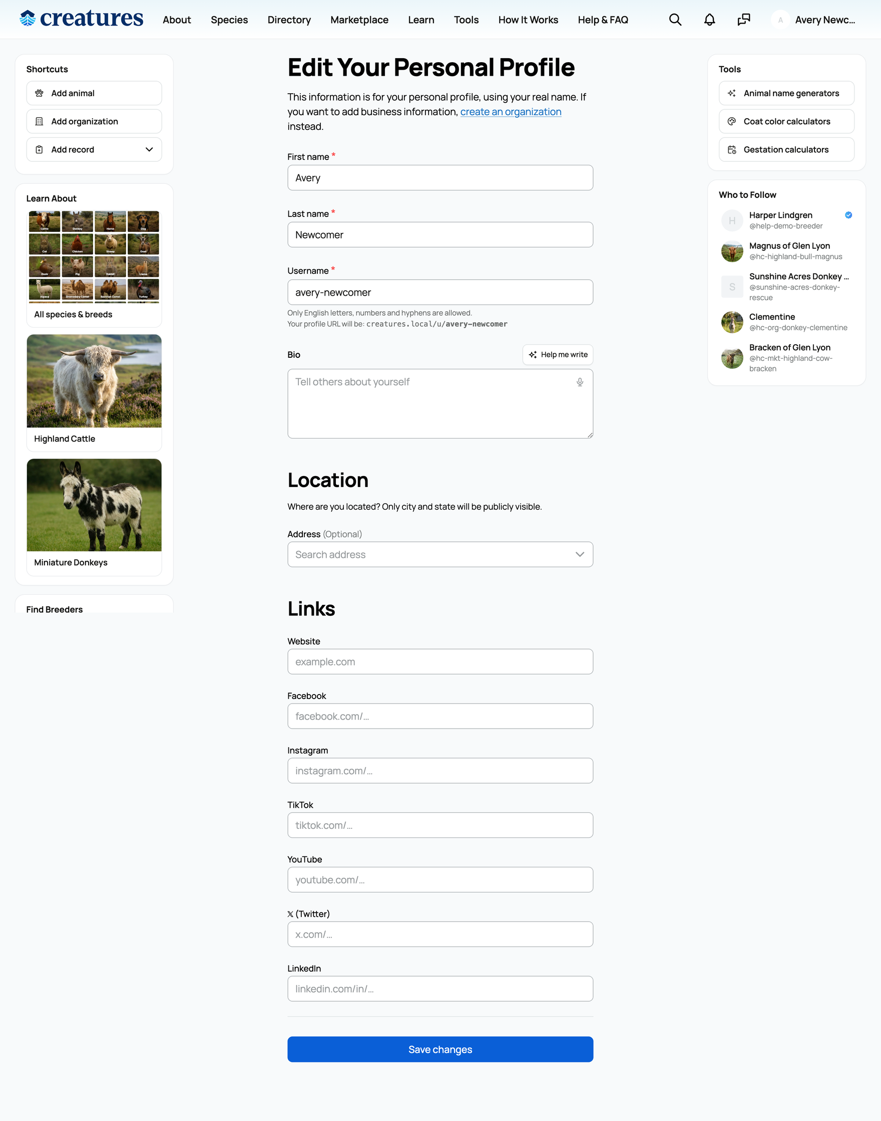 The edit profile screen