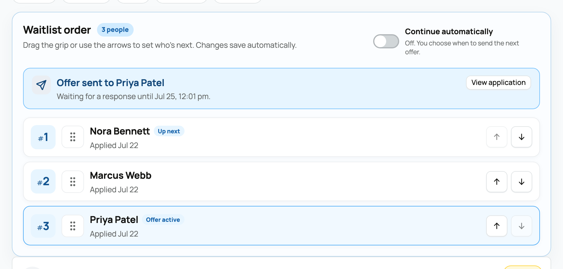 The Waitlist order queue: ranked rows, drag-to-reorder, an active offer, and the Continue automatically switch