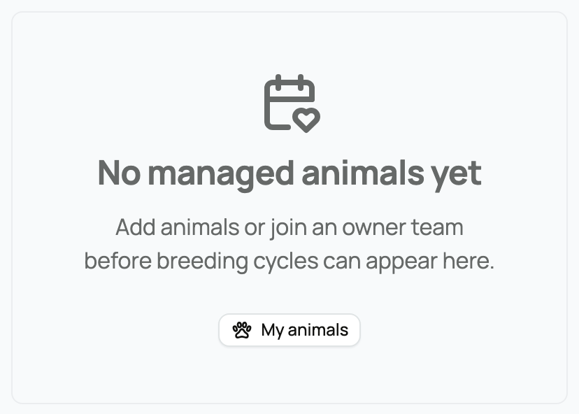 Breeding dashboard showing No managed animals yet