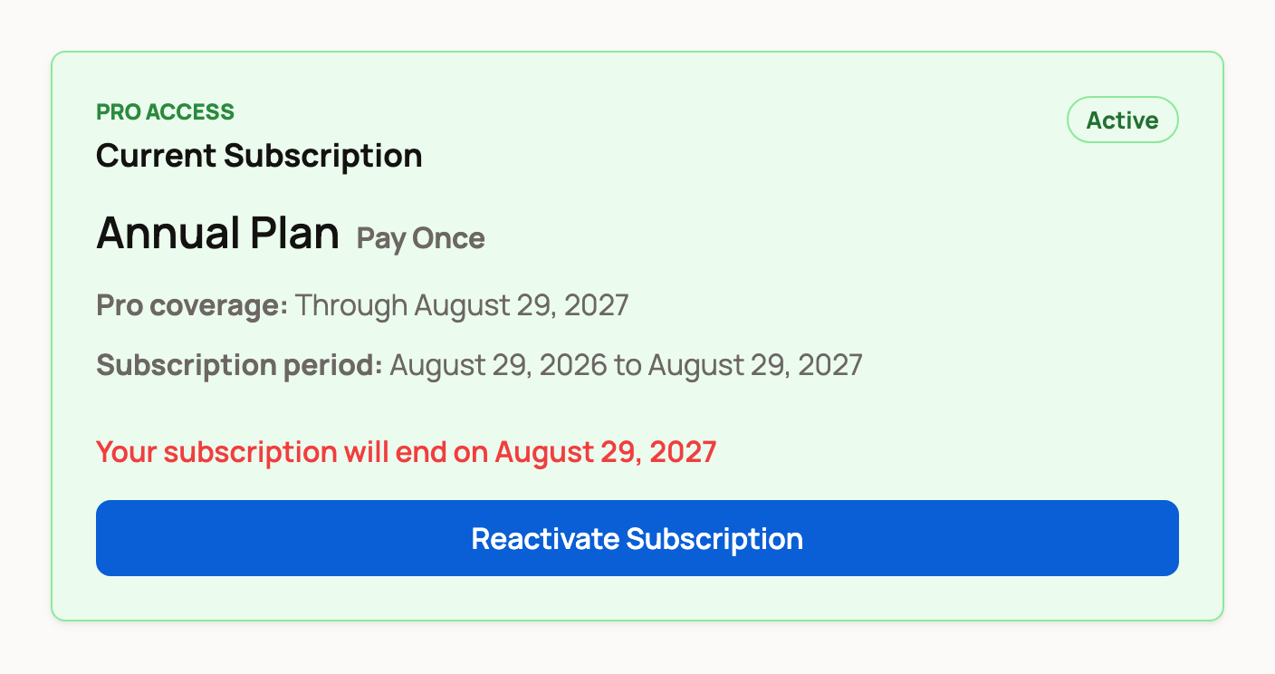 Pro set to end on August 29, 2027, with Reactivate Subscription