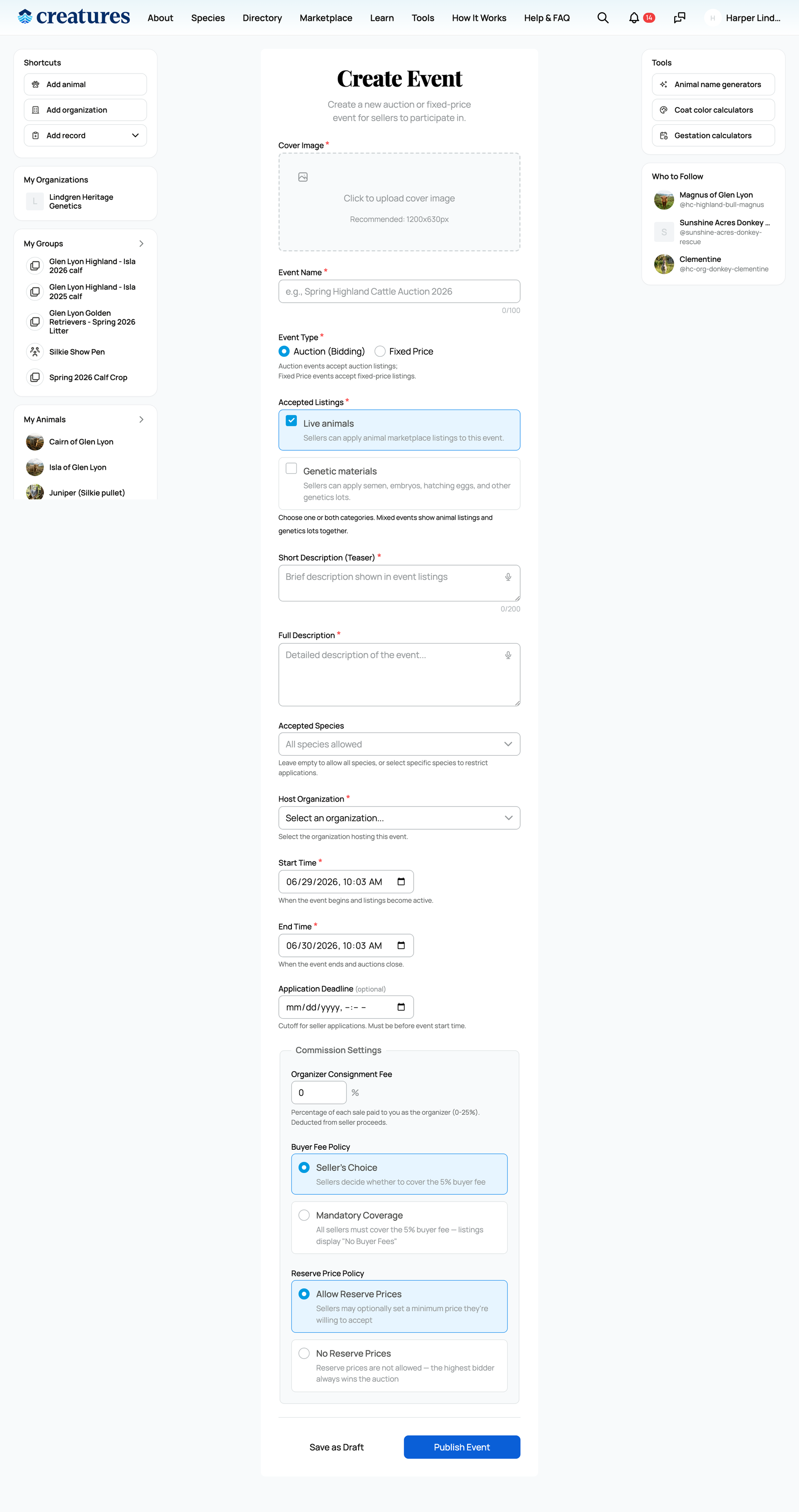 The create-event form