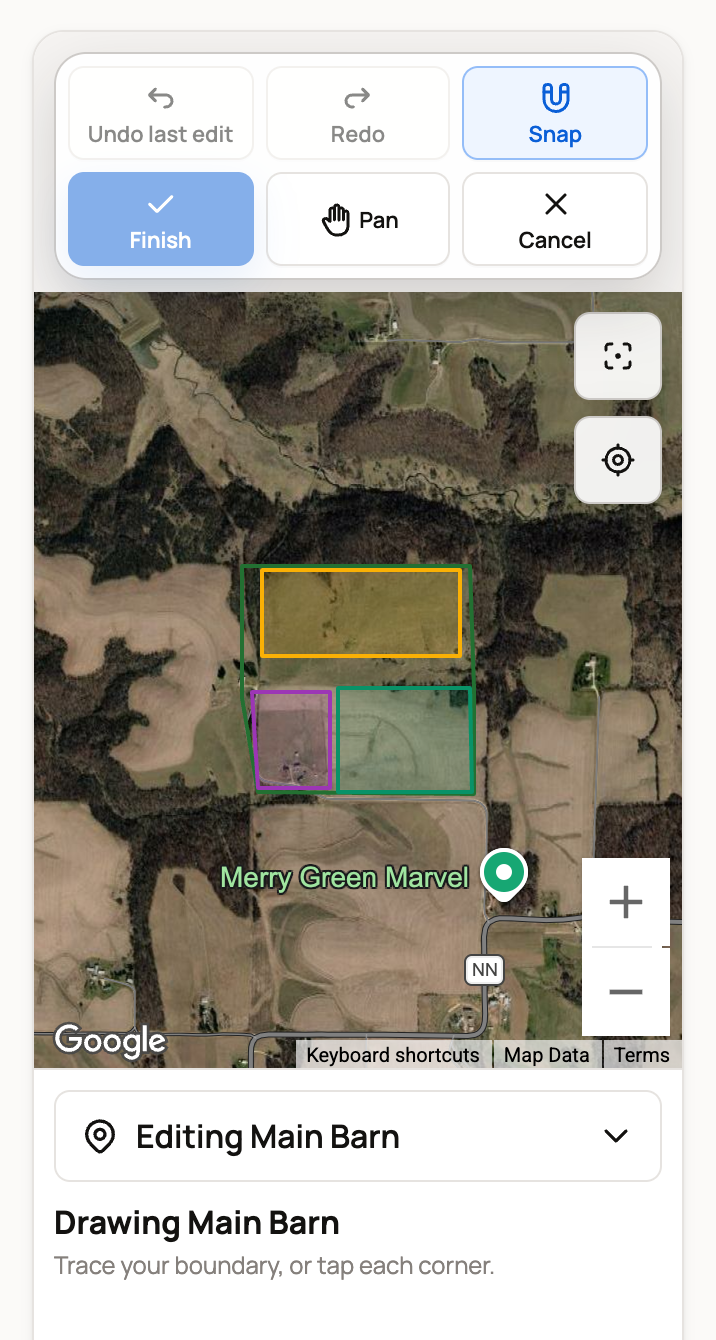 Drawing Main Barn on a phone with Finish, Pan and Snap above the map