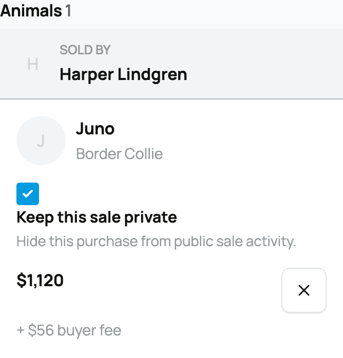 Animal cart line with seller, price, privacy, and remove control