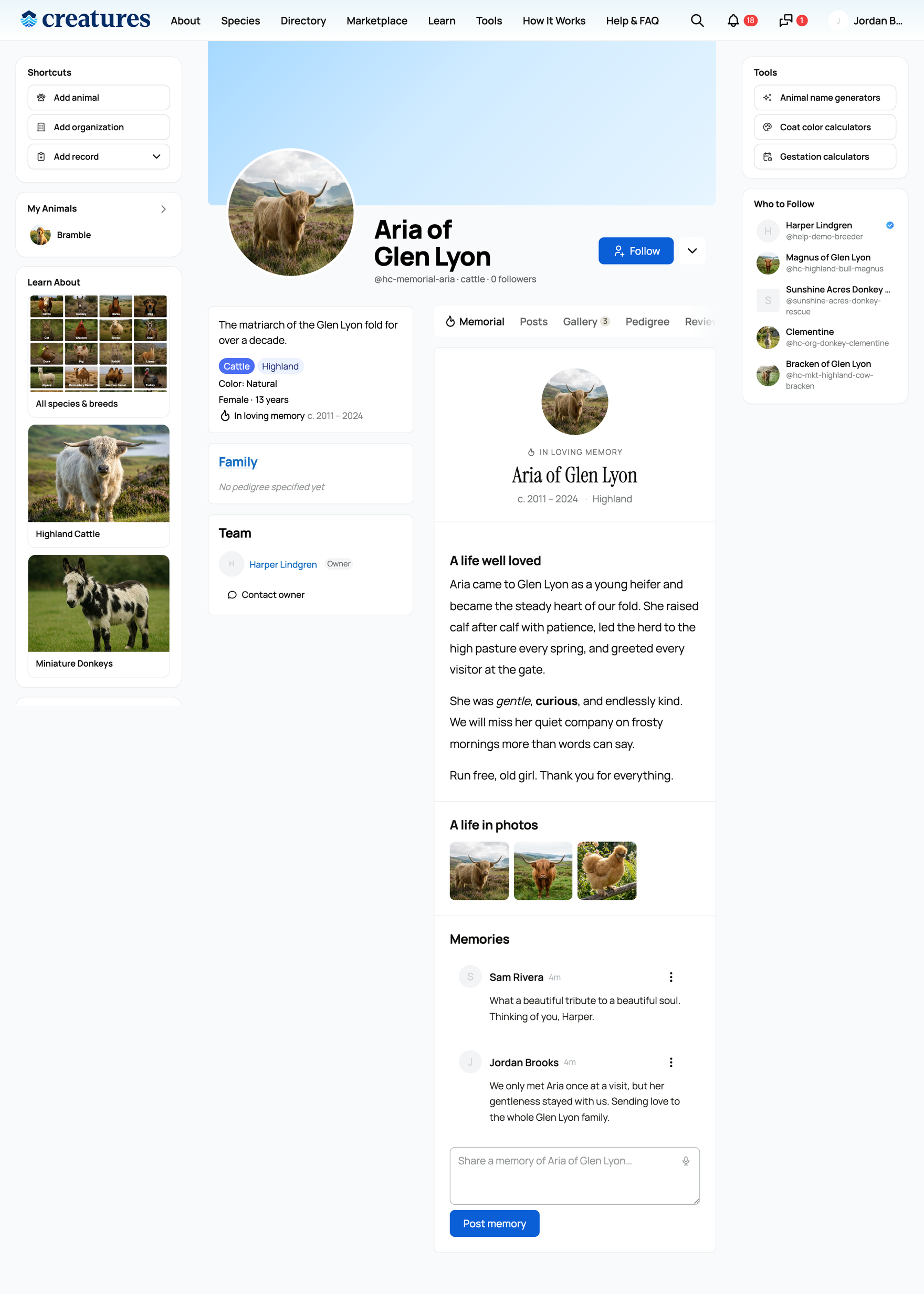 The memorial page with the tributes list and the "share a memory" composer