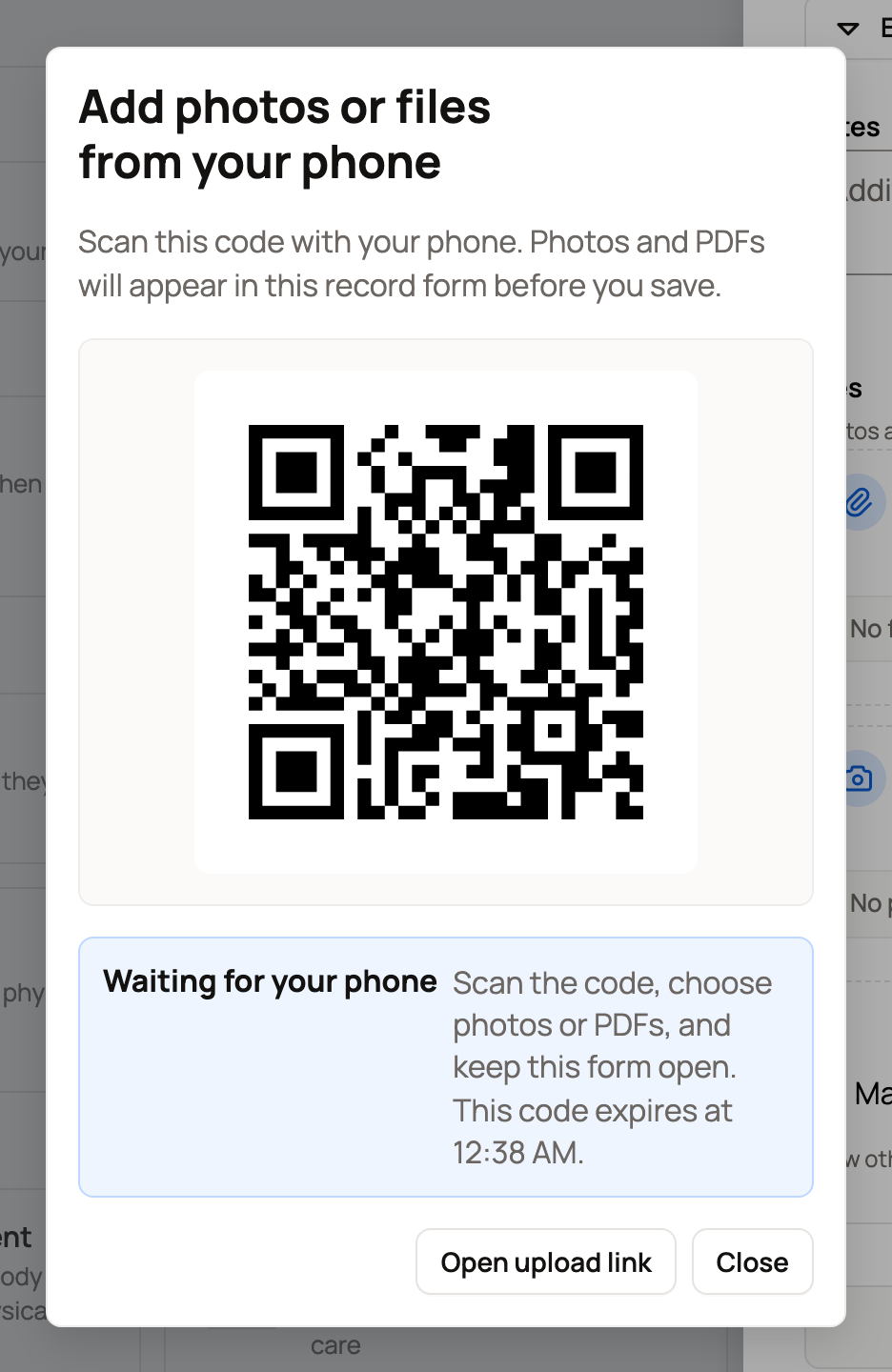 Add photos or files from your phone window with a code, Waiting for your phone, Open upload link and Close