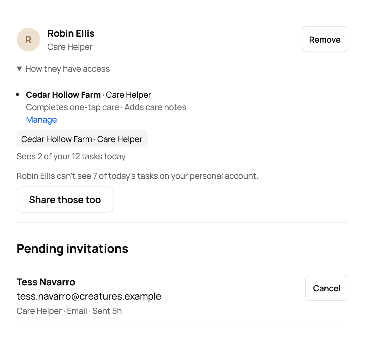Who can help with Robin Ellis as a Care Helper for Cedar Hollow Farm and a pending email invitation