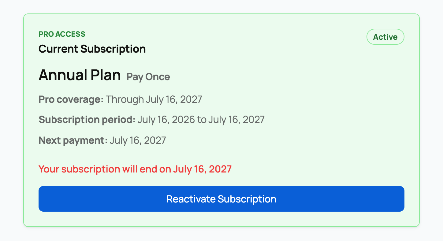 Active Pro subscription scheduled to end with Reactivate Subscription
