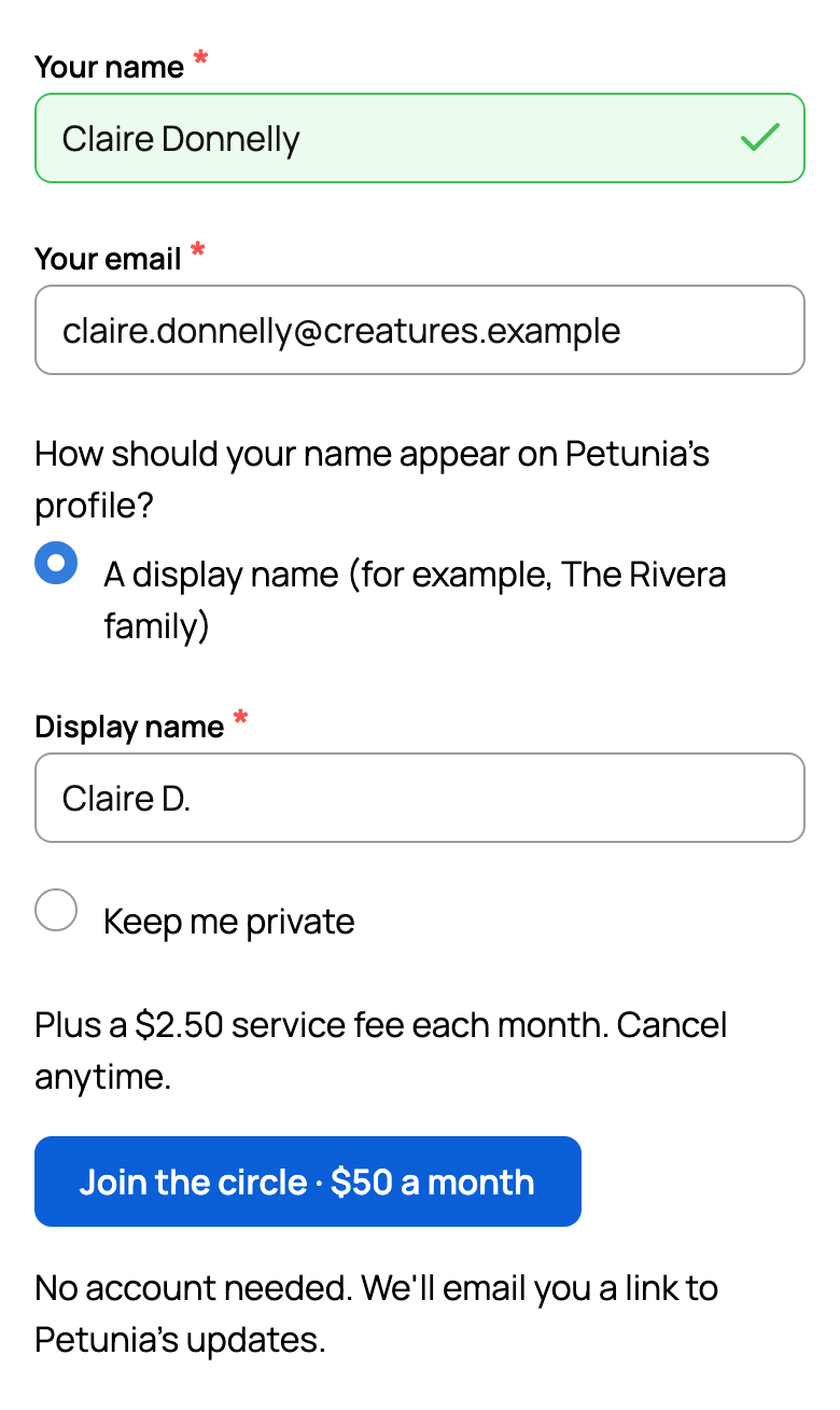 Guest sponsor form with Claire Donnelly's name and email, the display name Claire D., the Join the circle button and the note that no account is needed