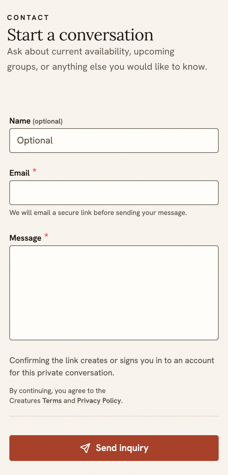 Contact section on a breeder website on a phone, with Name, Email and Message fields and a Send inquiry button