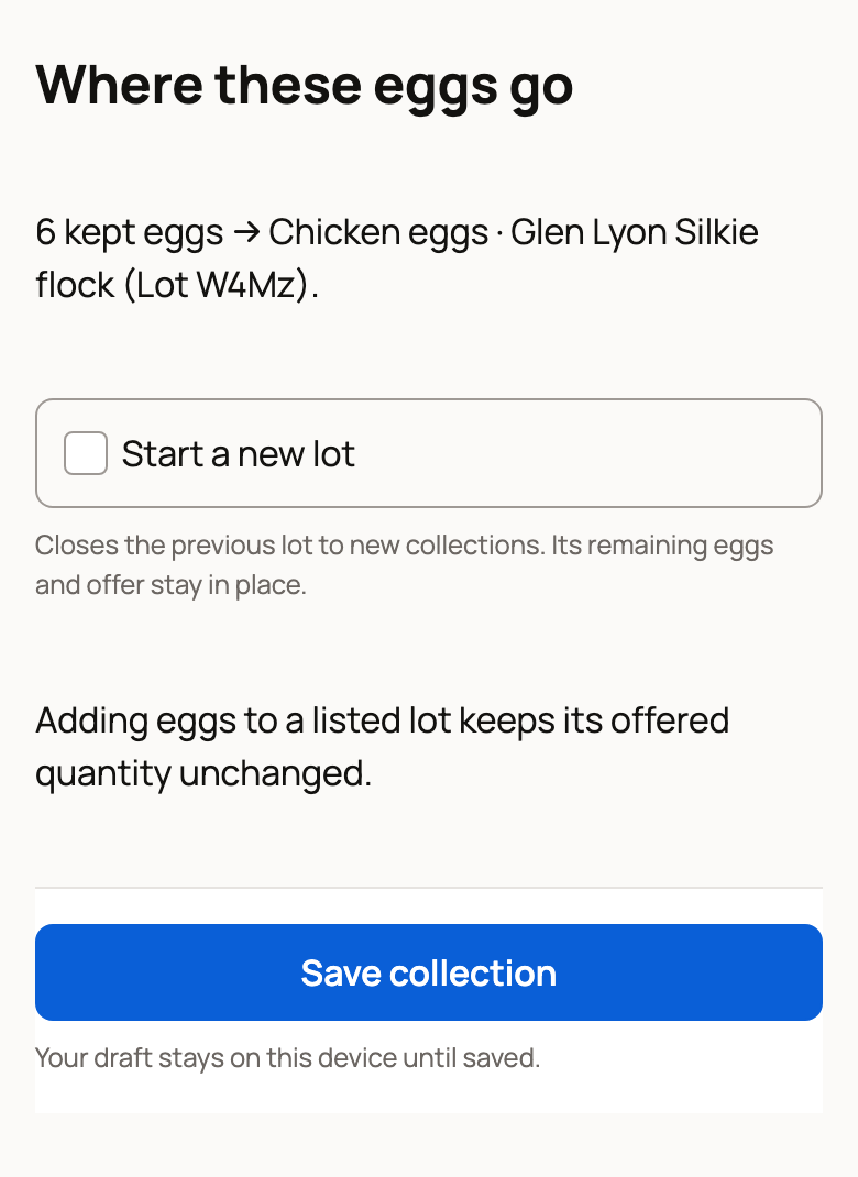 Where these eggs go: 6 kept eggs into the Silkie flock lot, with Start a new lot and Save collection