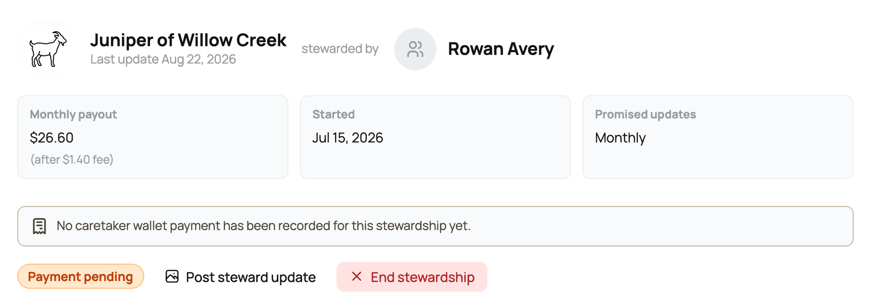 A caretaker's steward card with payout, update promise, and actions