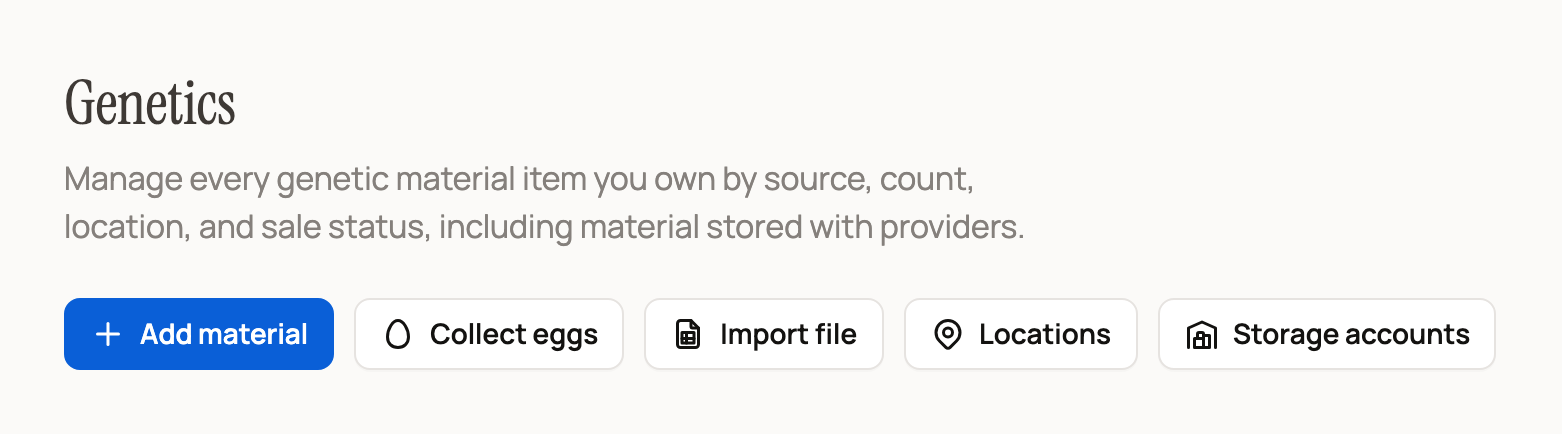 Genetics page with Collect eggs next to Add material