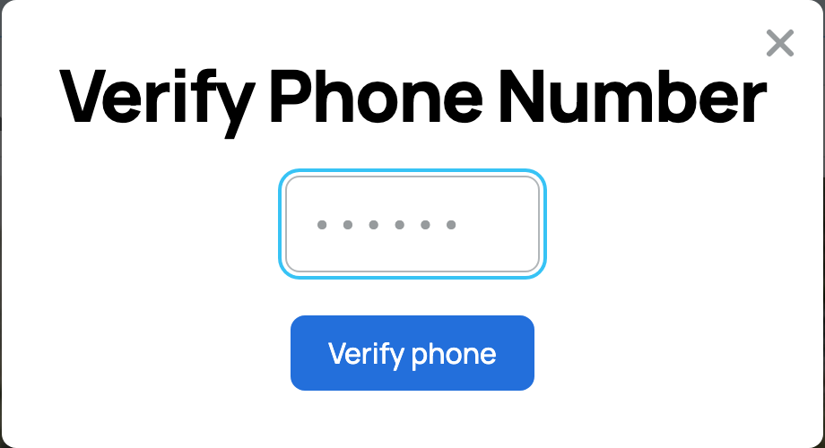 Step 2: the phone field locks and the 6-digit code field appears, with the button now "Verify phone"