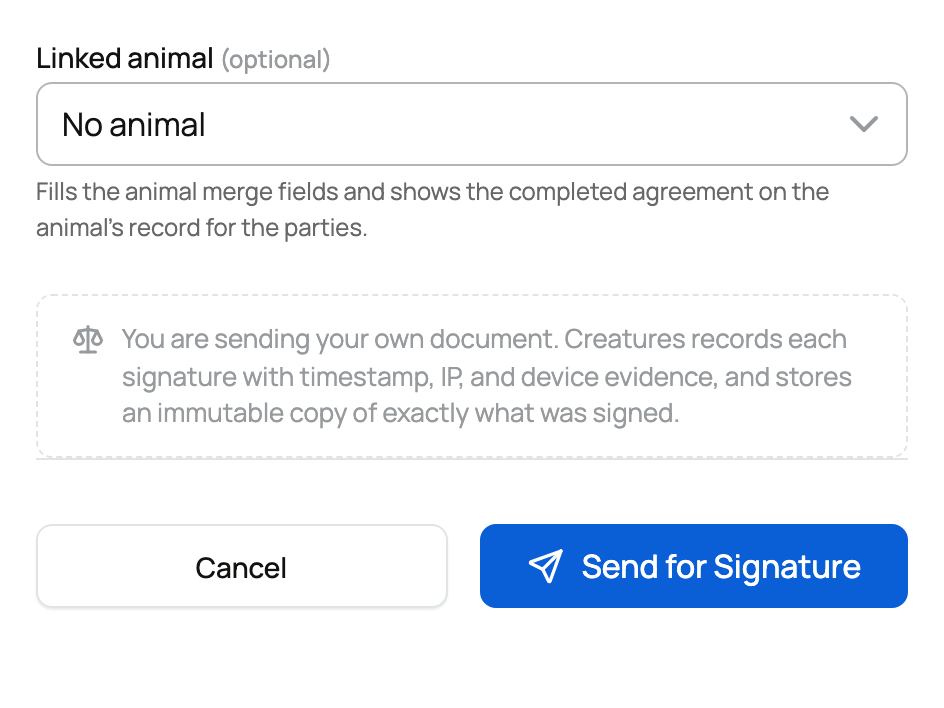 The linked-animal choice and Send for Signature action