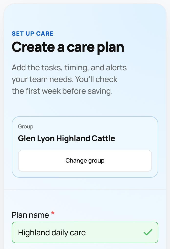 A new care plan with the group selected