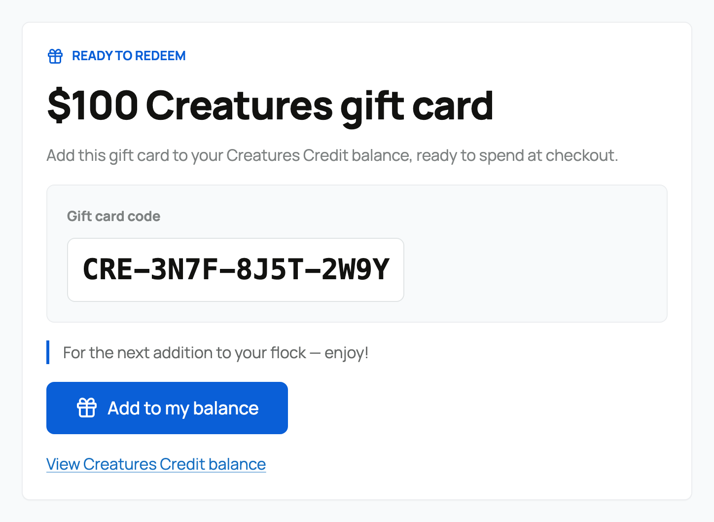 Ready-to-redeem gift card with its amount, message, and confirmation action