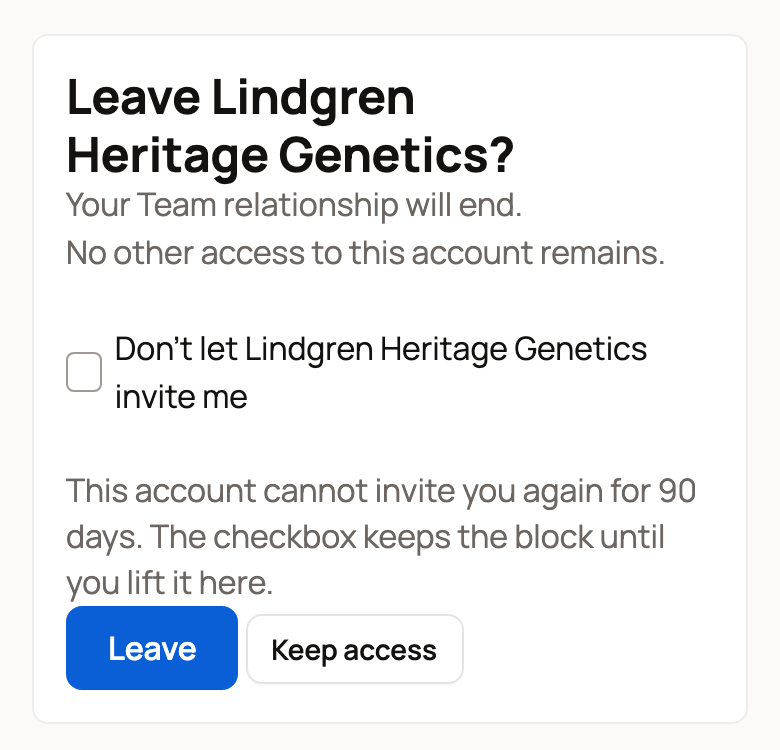 Leave Lindgren Heritage Genetics? on a phone with the Don't let Lindgren Heritage Genetics invite me box, Leave and Keep access
