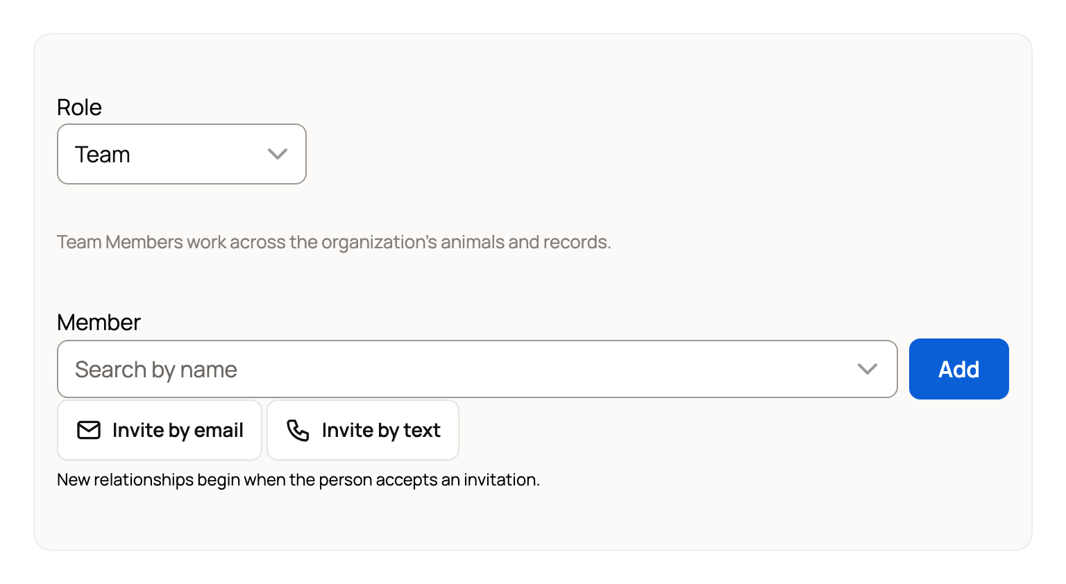 Add someone panel with Role, member search, Add, Invite by email and Invite by text
