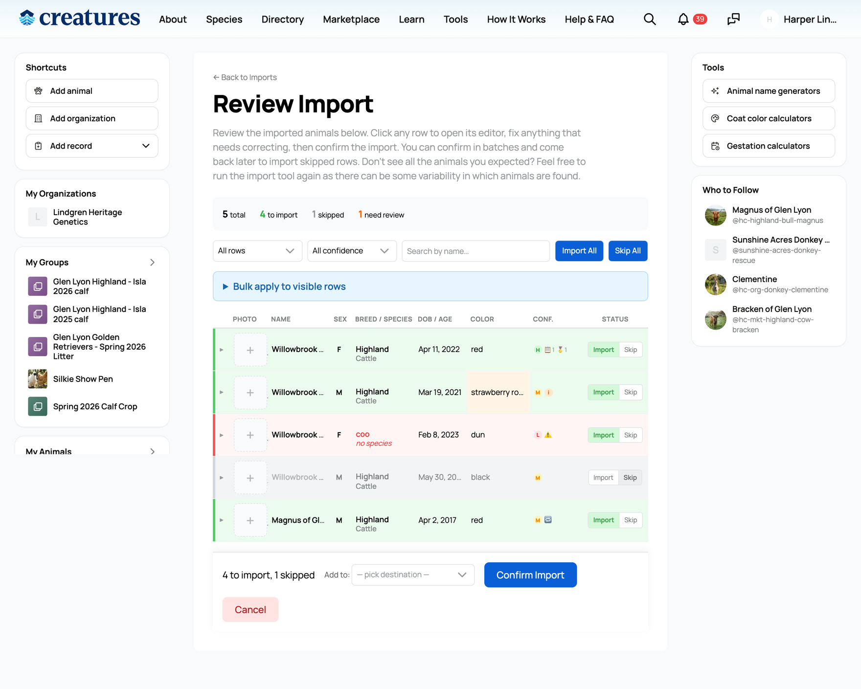 The import review table with a mix of states: will import, need review, and skipped