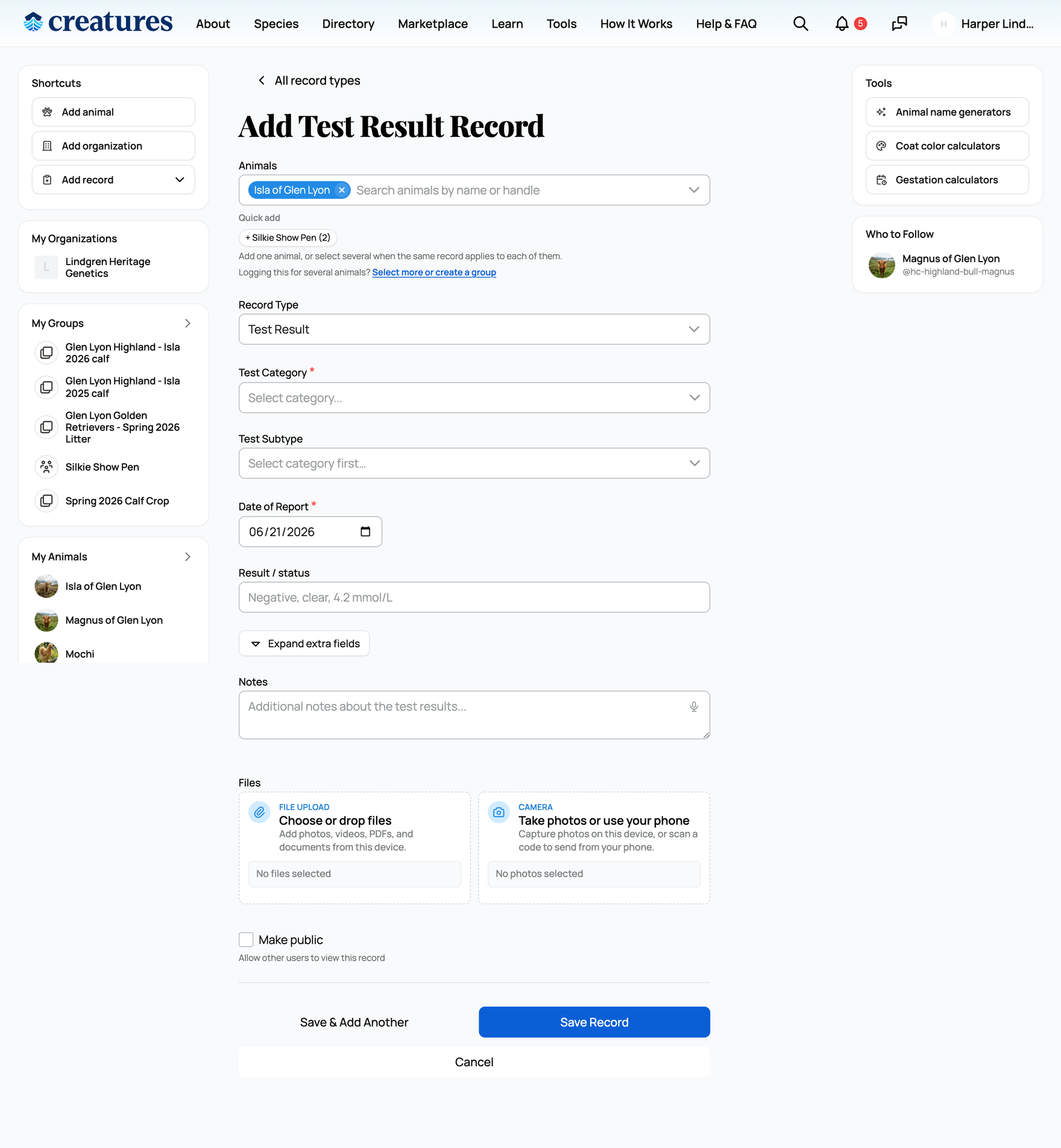 The test result record form