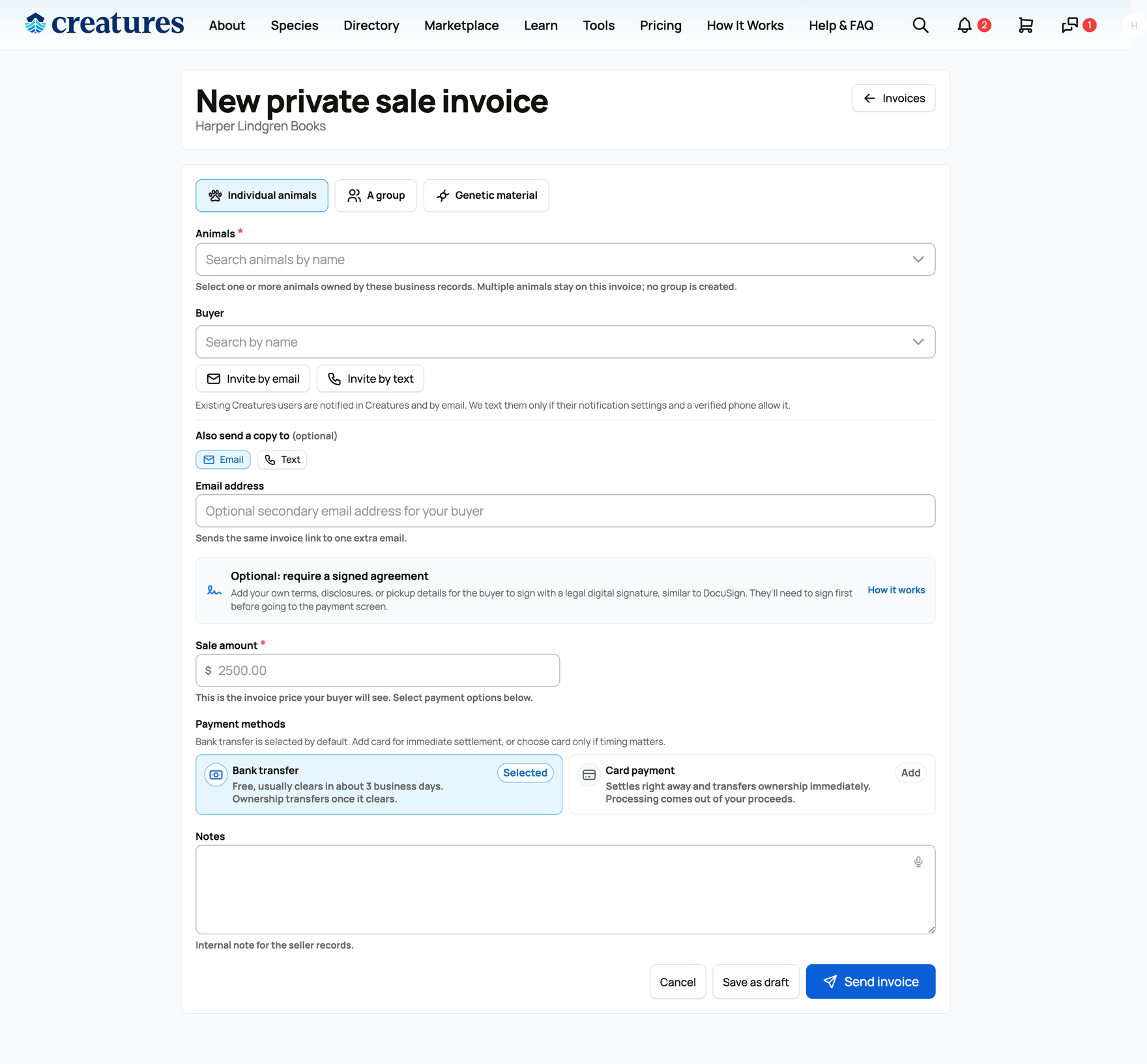 Creating a private sale invoice