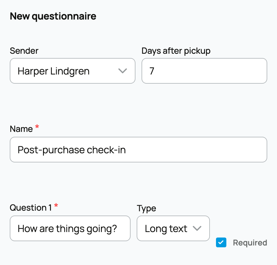 Post-purchase questionnaire builder with sender, timing, name, and first question