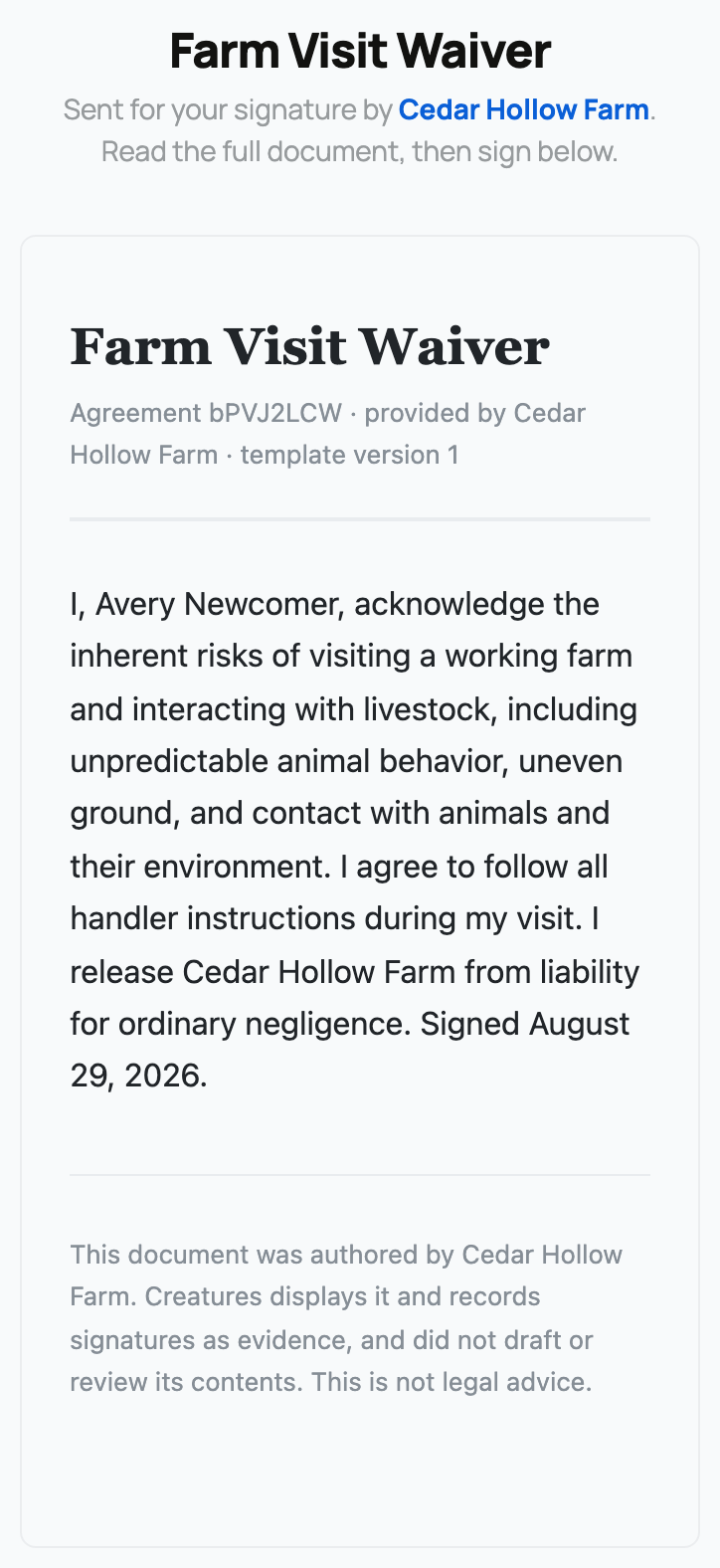 A Farm Visit Waiver in the private signing page