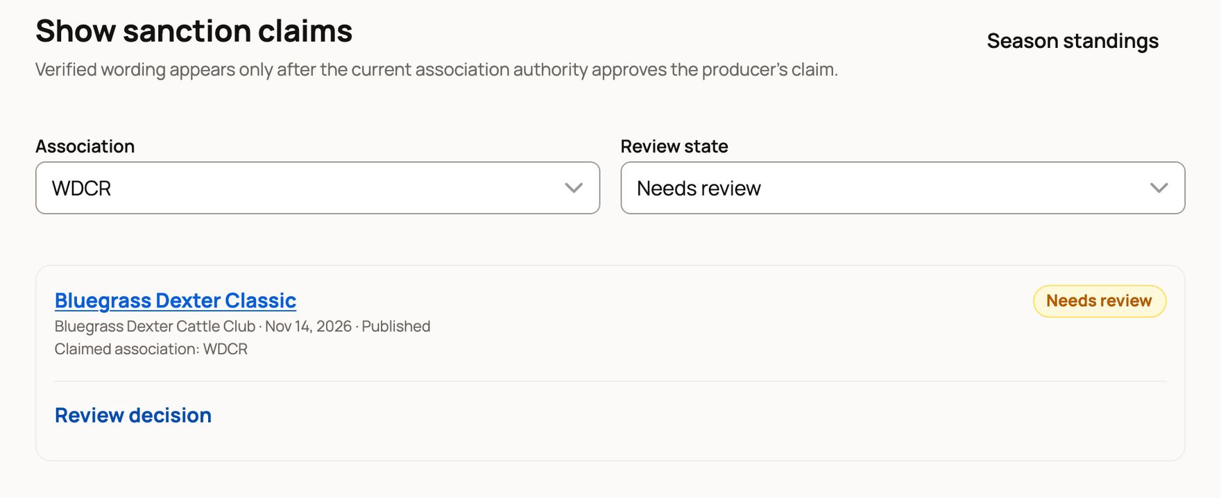 Sanction claims with one show waiting under Needs review