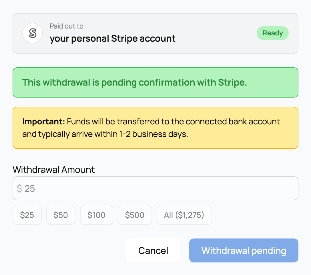Withdrawal pending message with the form disabled to prevent a duplicate transfer