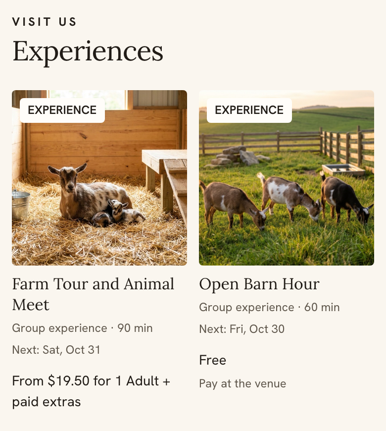 Visit us Experiences section on a farm website home page on a phone, with the first two experience cards