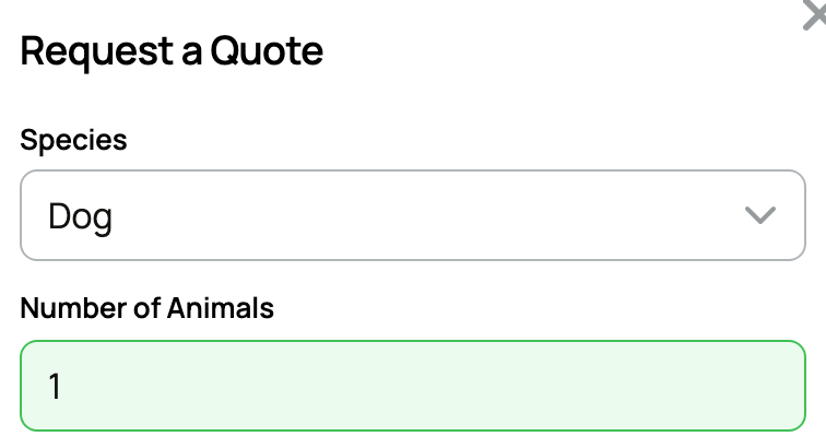 The focused Request a Quote form with species and number of animals