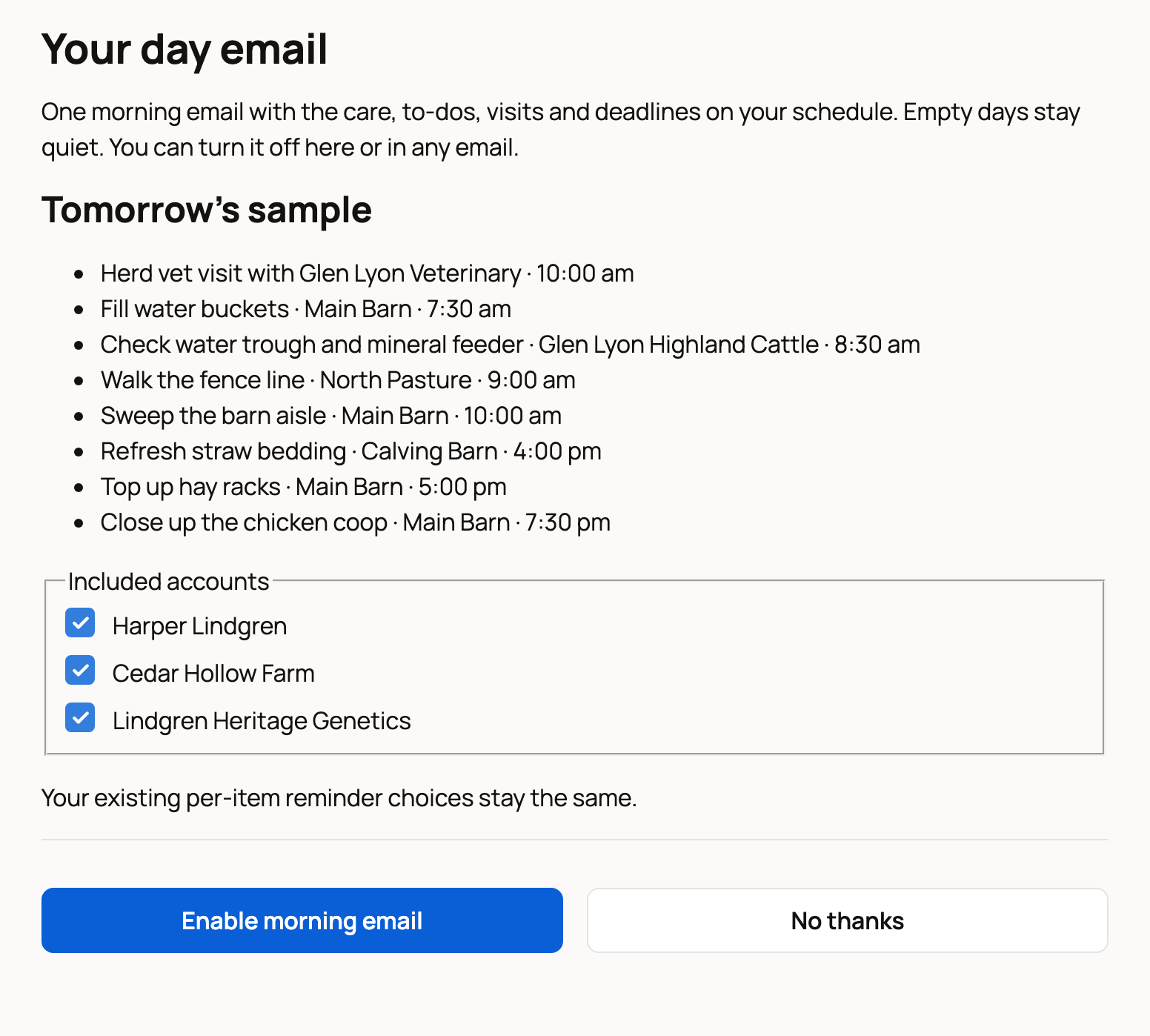 Your day email page with Tomorrow's sample, Included accounts and Enable morning email