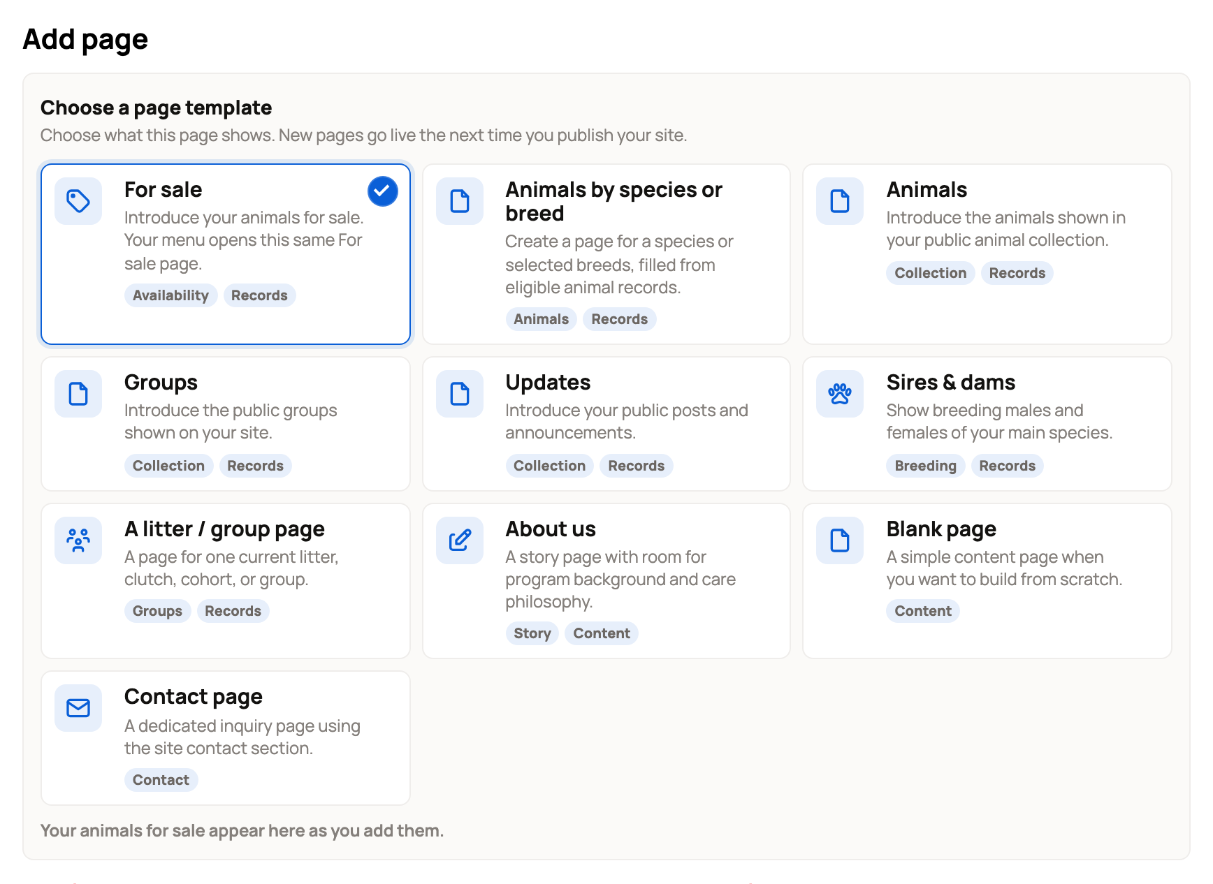 Add page with templates such as For sale, Sires & dams, About us and Contact page