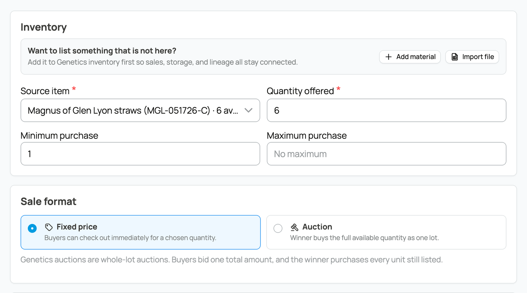 Source item, quantity, and sale format on the genetics listing form