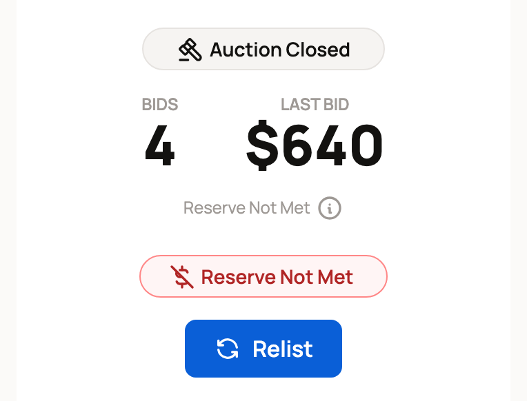 Auction ended with Reserve Not Met and a Relist button