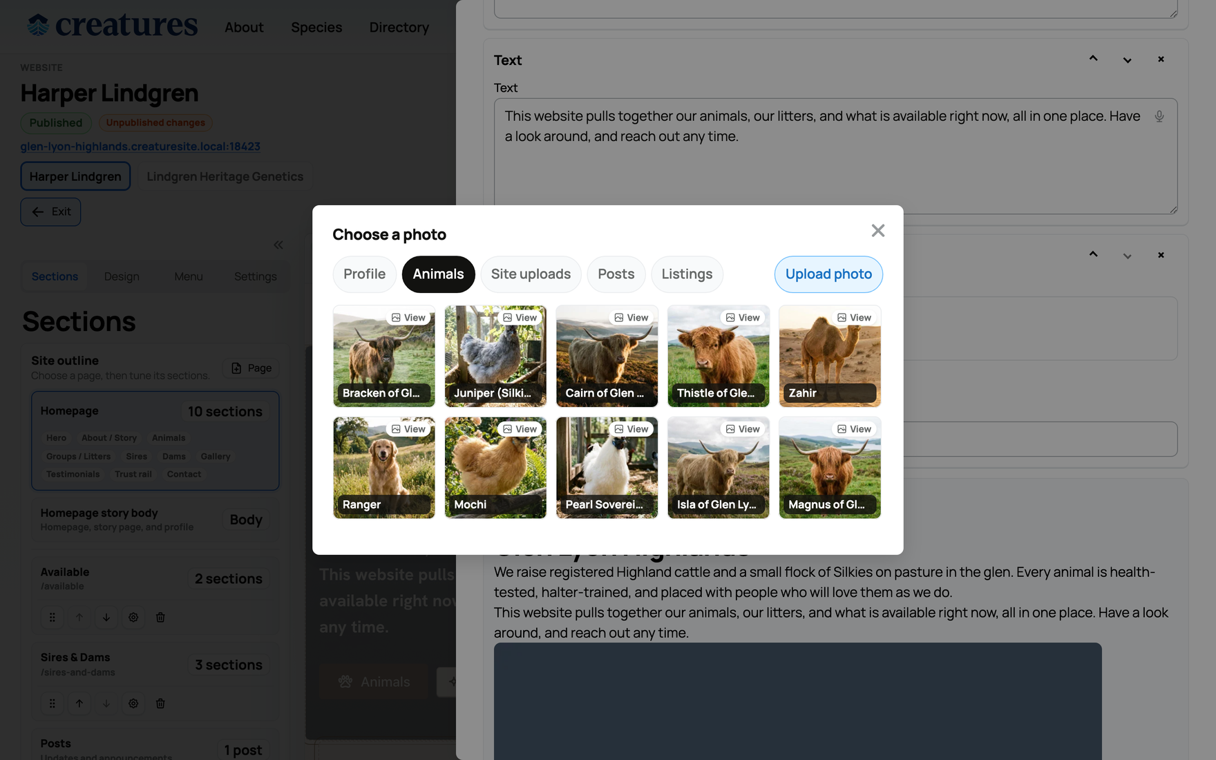 The shared "Choose a photo" picker, reusing your profile and animal galleries
