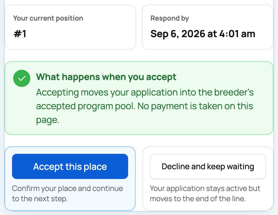 Program offer with Accept this place and Decline and keep waiting